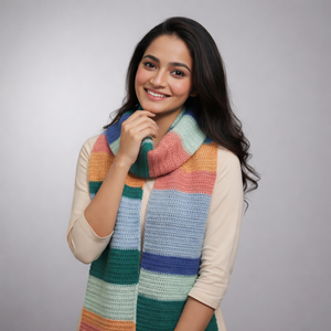 Multicolour striped crochet scarf in teal, pink, mustard and blue, handmade in Narsapuram