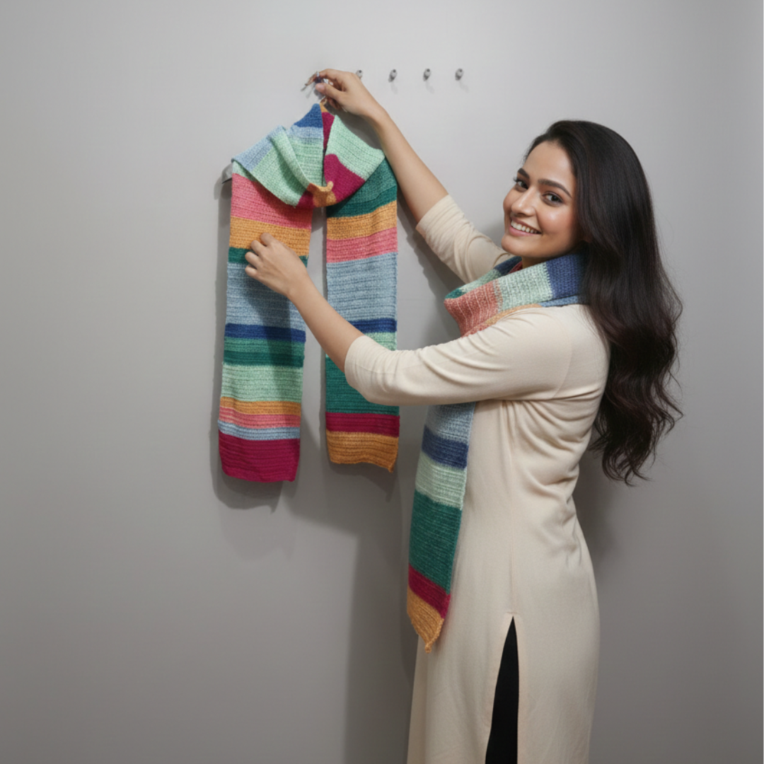 Handmade Colorful Striped Crochet Scarf  | Multicolor Teal Pink Mustard Blue