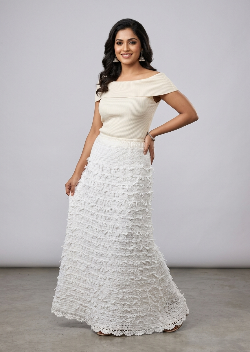 White crochet maxi skirt with tiered fringe and scalloped hem, handmade in Narsapuram
