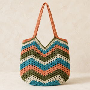 Sunset Waves Crochet Shoulder Bag - front view, ombre wave pattern