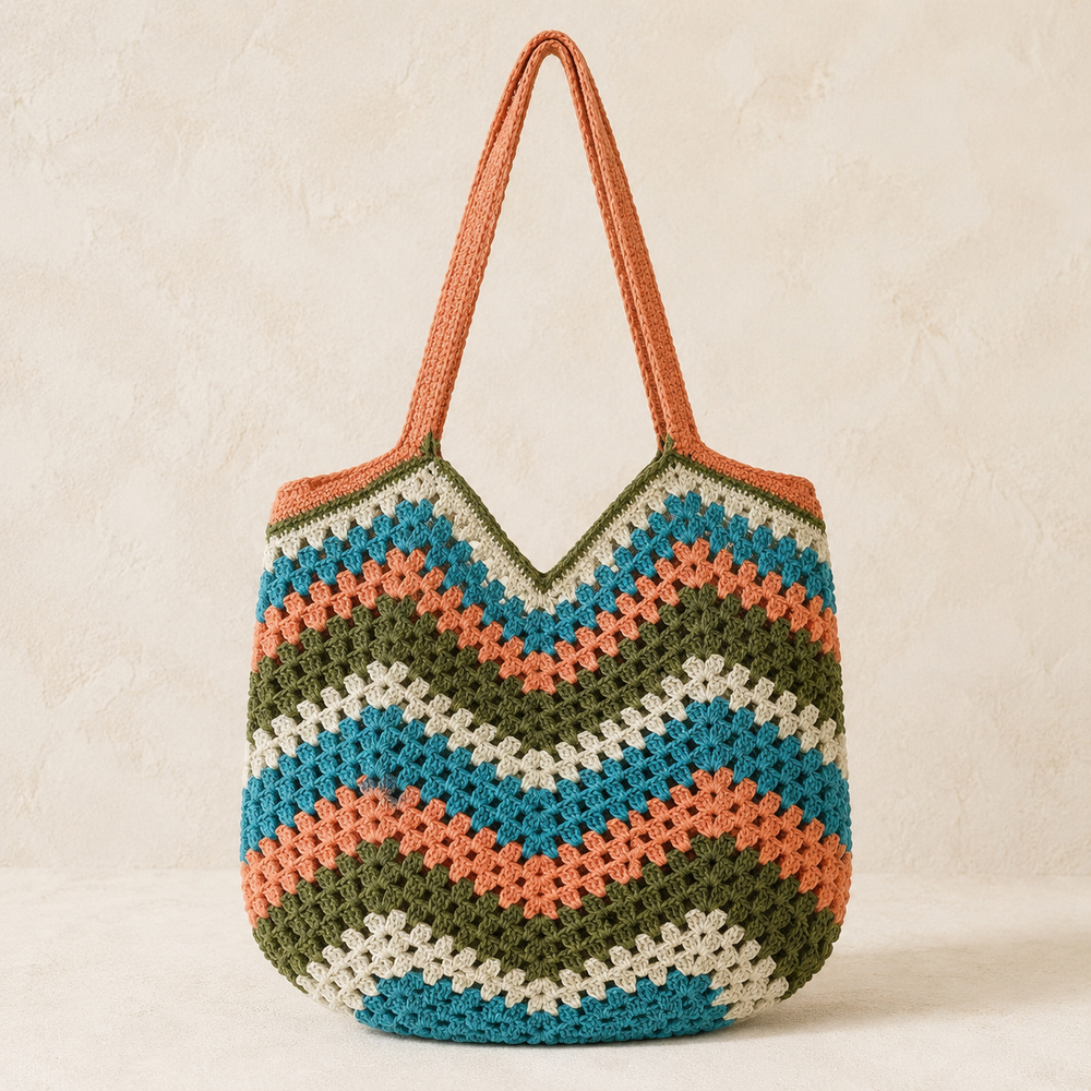 Sunset Waves Crochet Shoulder Bag in ombre orange and pink, handmade in Narsapuram — part of The Sunset Set