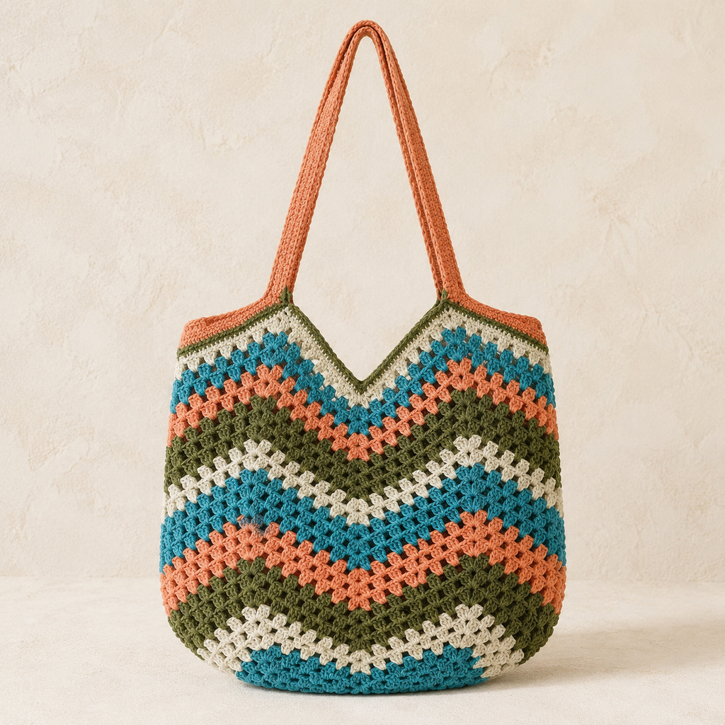 Sunset Waves Crochet Shoulder Bag in ombre orange and pink, handmade in Narsapuram — part of The Sunset Set