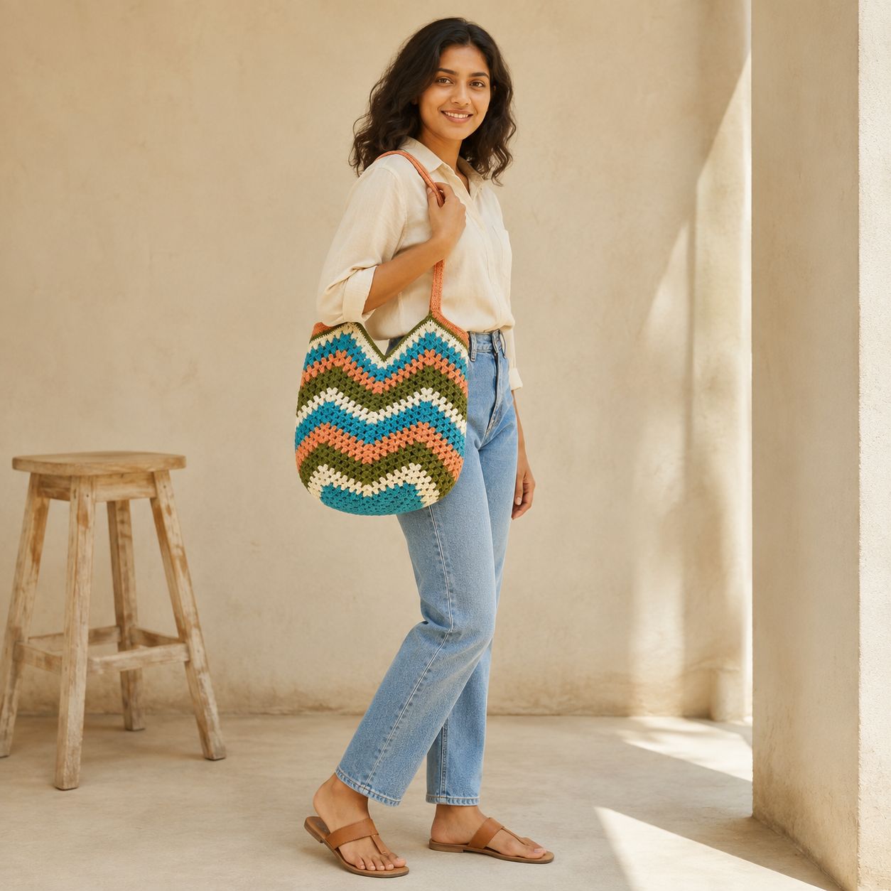 Sunset Waves Crochet Shoulder Bag - styled shoulder shot