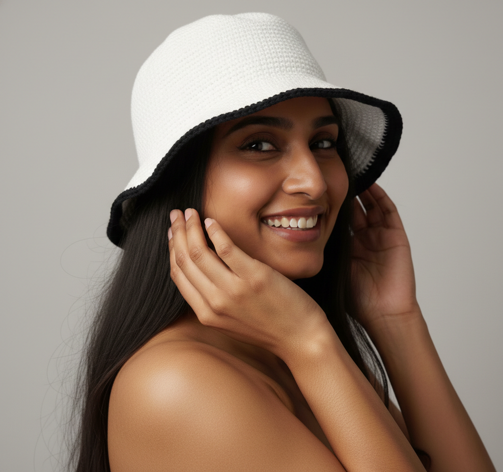 Handmade Crochet Bucket Hat with Black Trim | White