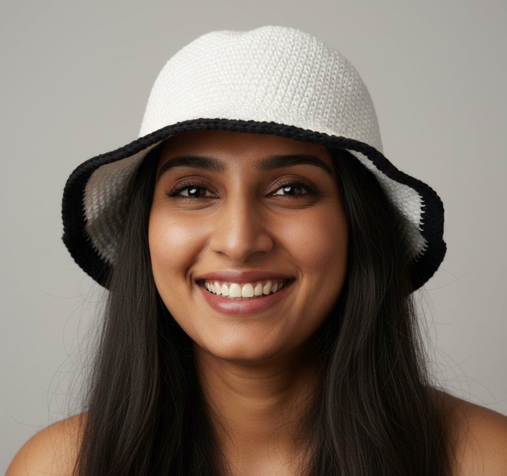 Handmade Crochet Bucket Hat with Black Trim | White