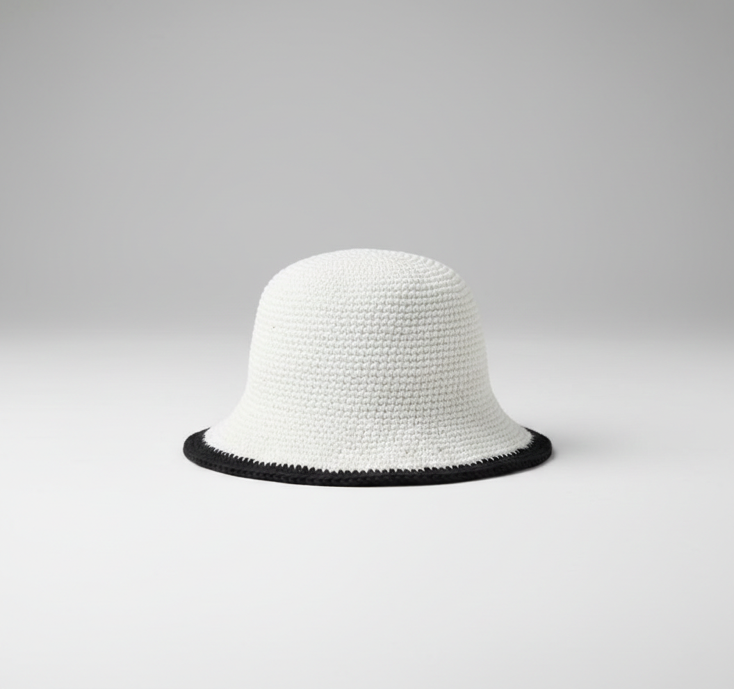 Handmade Crochet Bucket Hat with Black Trim | White
