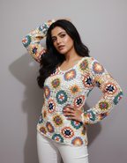 Handmade Floral Crochet Top with Long Sleeves | White Multicolour