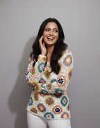 Handmade Floral Crochet Top with Long Sleeves | White Multicolour