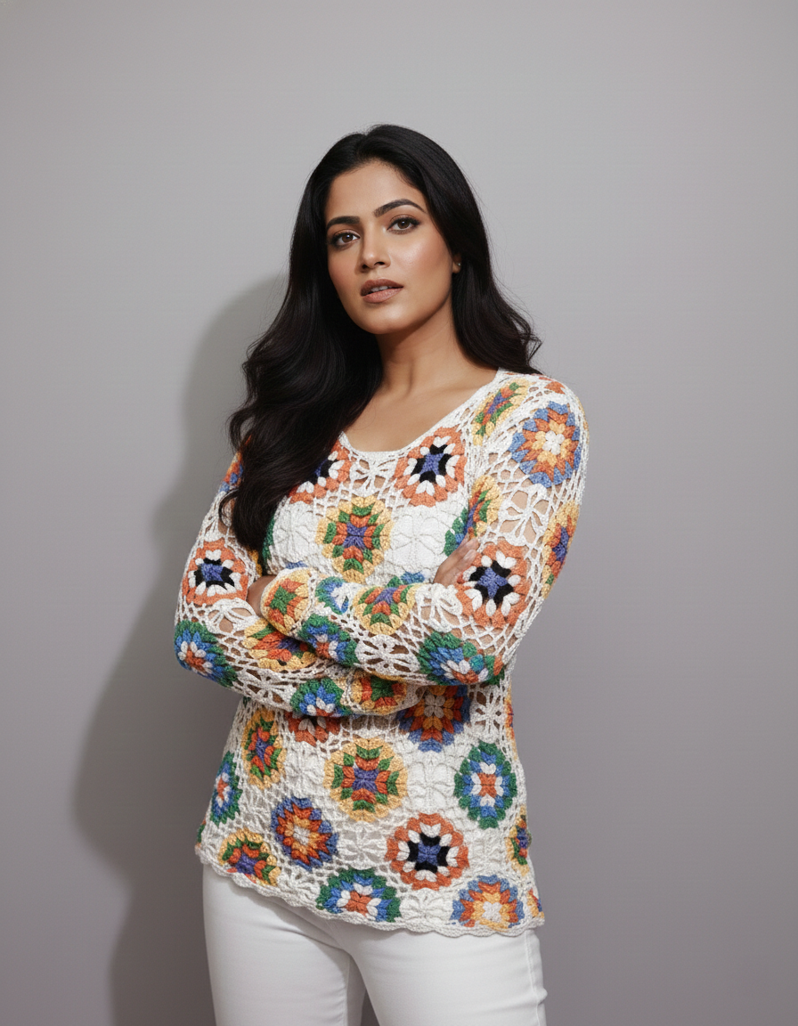 White crochet full sleeve top with multicolour floral motifs, handmade in Narsapuram