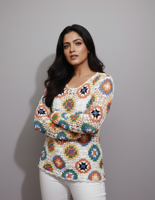 White crochet full sleeve top with multicolour floral motifs, handmade in Narsapuram