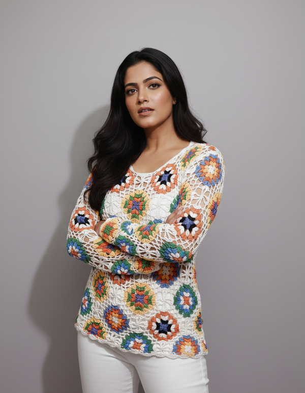 Handmade Floral Crochet Top with Long Sleeves | White Multicolour