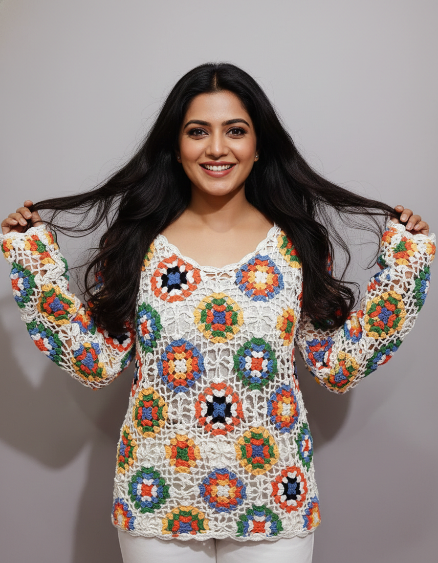 Handmade Floral Crochet Top with Long Sleeves | White Multicolour