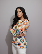 Handmade Floral Crochet Top with Long Sleeves | White Multicolour