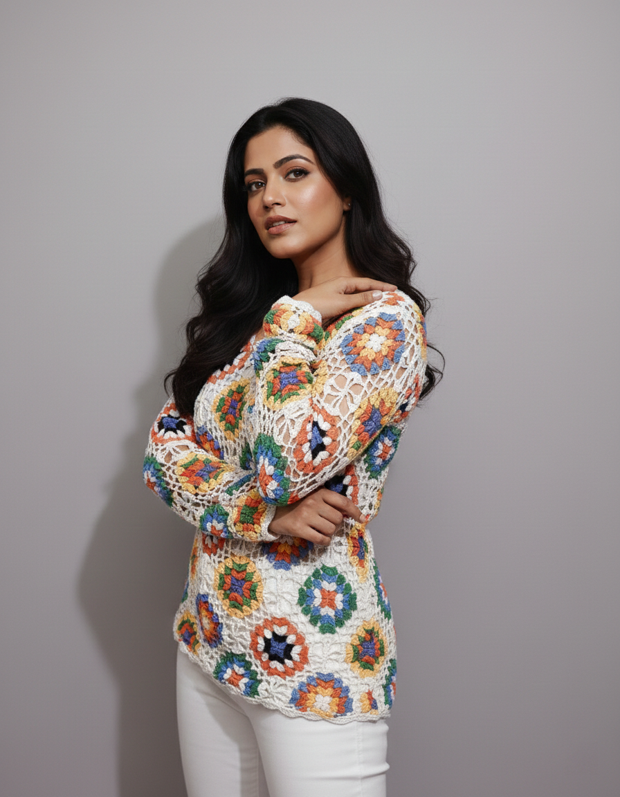 Handmade Floral Crochet Top with Long Sleeves | White Multicolour