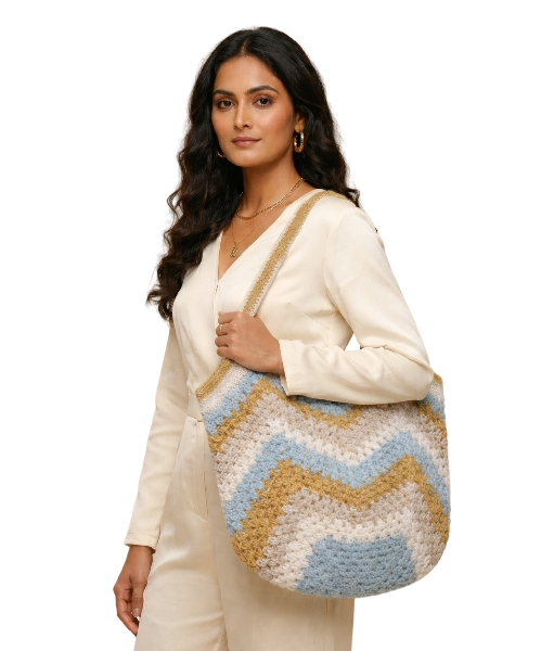 Blue and gold chevron crochet shoulder bag, handmade in Narsapuram