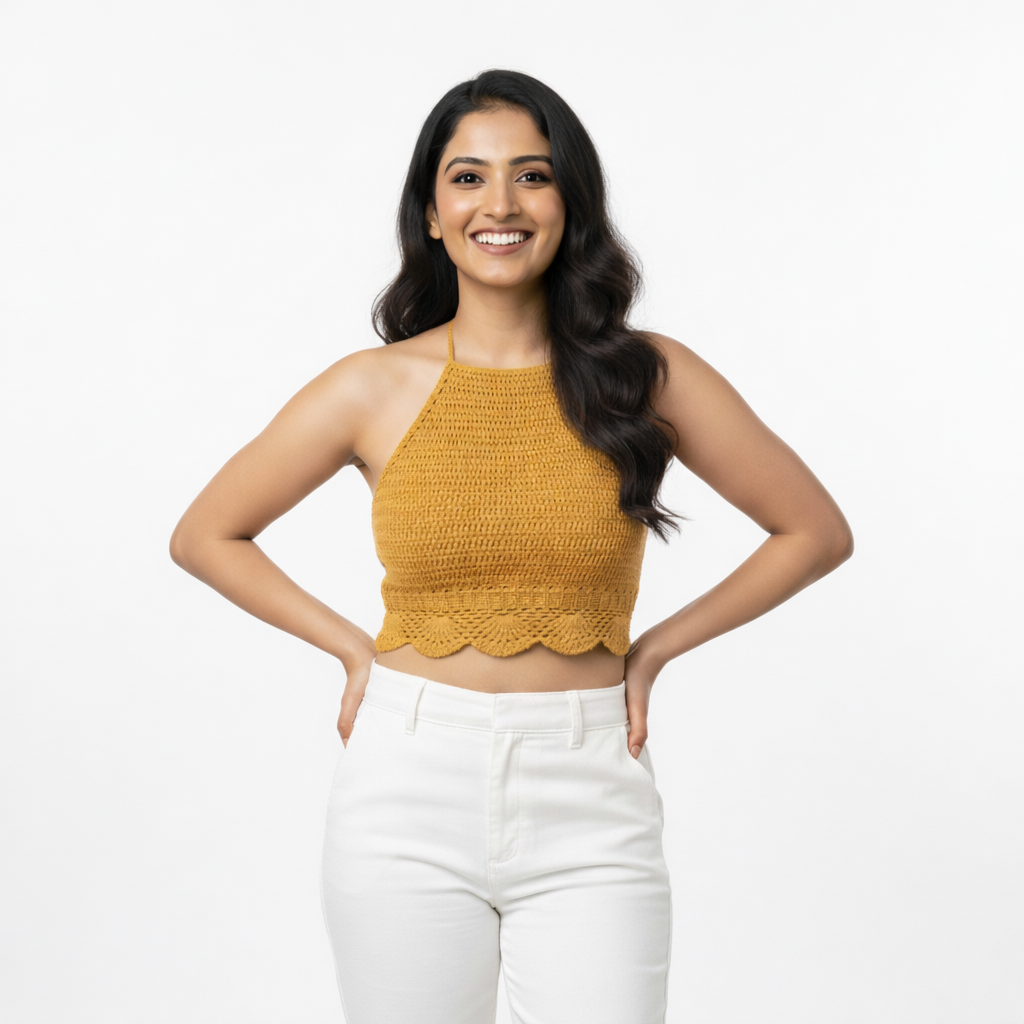 Mustard crochet halter crop top with scalloped hem, handmade in Narsapuram