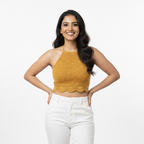 Scallop Halter Top in mustard, handmade crochet from Narsapuram — part of The Halter Edit