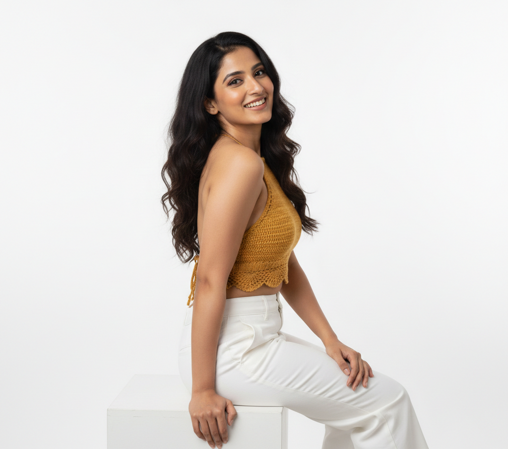 Handmade Crochet Halter Crop Top with Scalloped Hem | Mustard