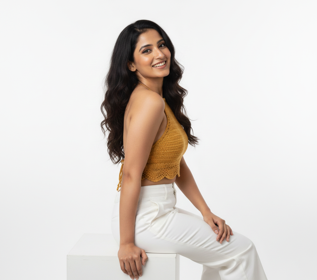 Handmade Crochet Halter Crop Top with Scalloped Hem | Mustard