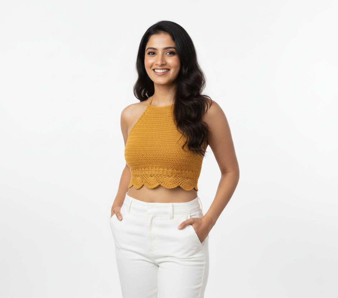 Handmade Crochet Halter Crop Top with Scalloped Hem | Mustard