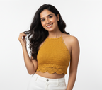 Handmade Crochet Halter Crop Top with Scalloped Hem | Mustard