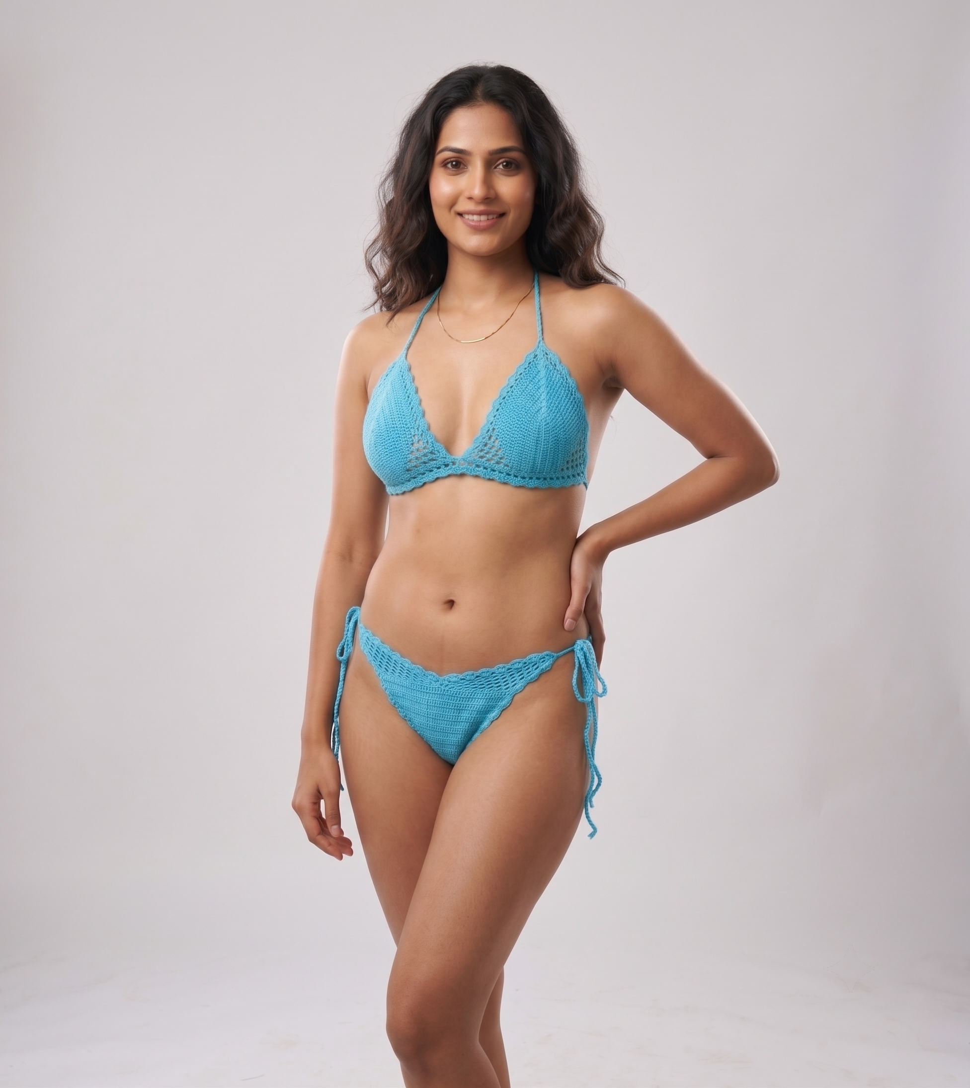 Blue crochet bikini set with triangle halter top, handmade in Narsapuram