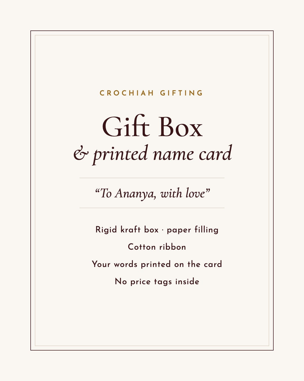 Crochiah gift box with ribbon and a card printed with your own message