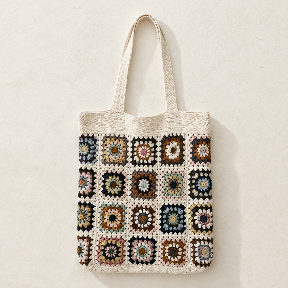 Boho Granny Square Crochet Tote Bag in cream and brown, handmade in Narsapuram — part of The Everyday Carry set