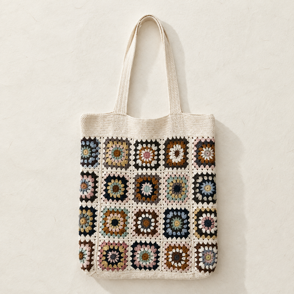 Boho Granny Square Crochet Tote Bag in cream and brown, handmade in Narsapuram — part of The Everyday Carry set