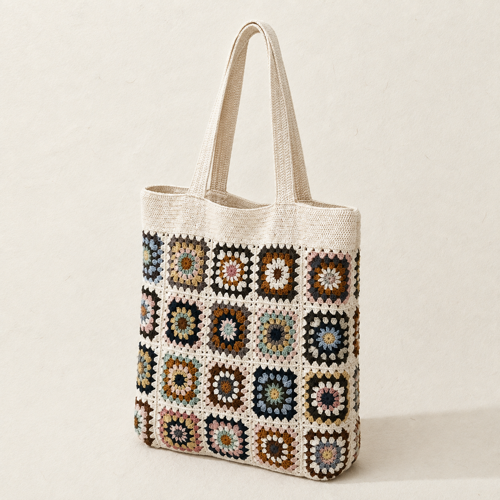 Boho Granny Square Crochet Tote Bag - Cream Brown - view 2