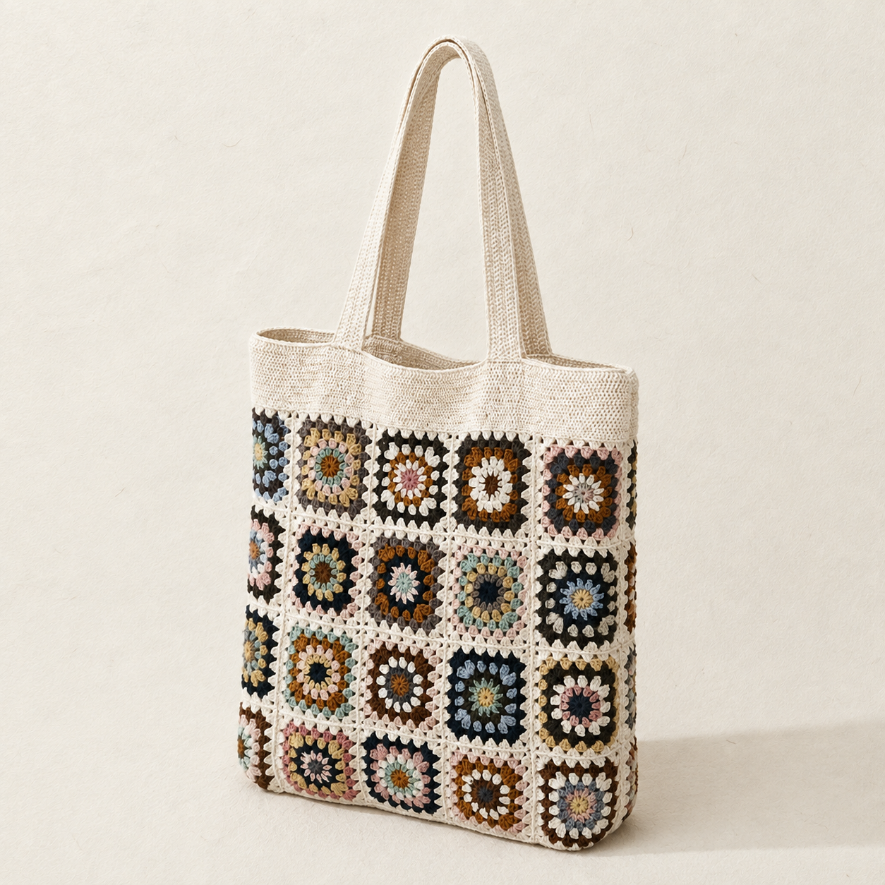 Boho Granny Square Crochet Tote Bag - Cream Brown - view 2