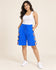 Cobalt blue knee-length Bermuda shorts with hand-crocheted granny square side panels