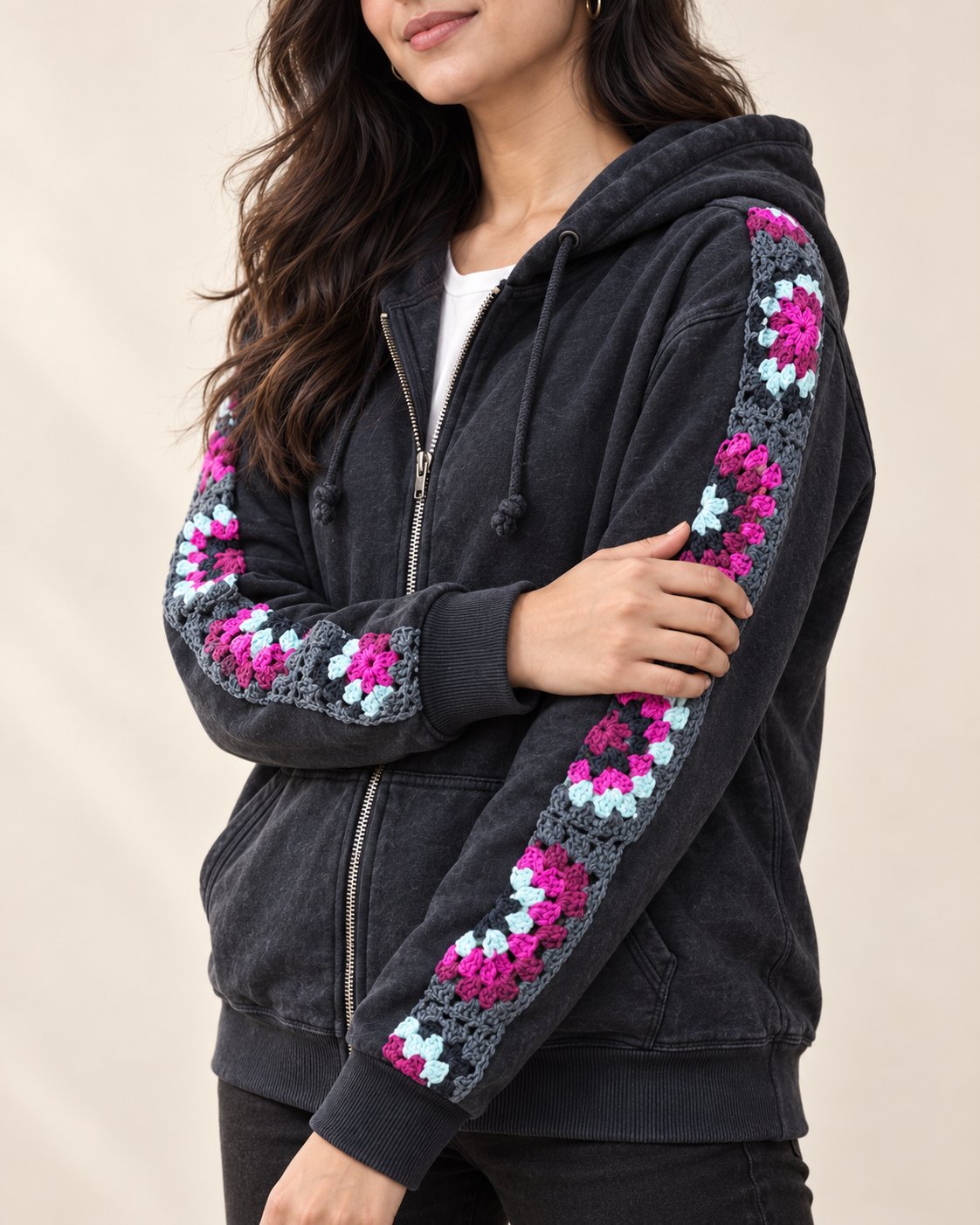 Charcoal stonewashed zip hoodie with magenta and aqua hand-crocheted granny square sleeves