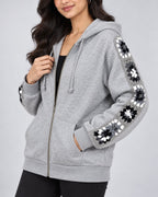 Grey melange zip hoodie with black and white hand-crocheted granny square sleeve panels