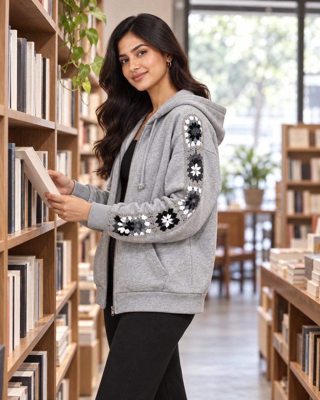 Woman in a grey granny square crochet zip hoodie browsing a bookshop