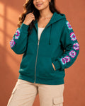 Teal granny square crochet zip hoodie, part of the matching teal set
