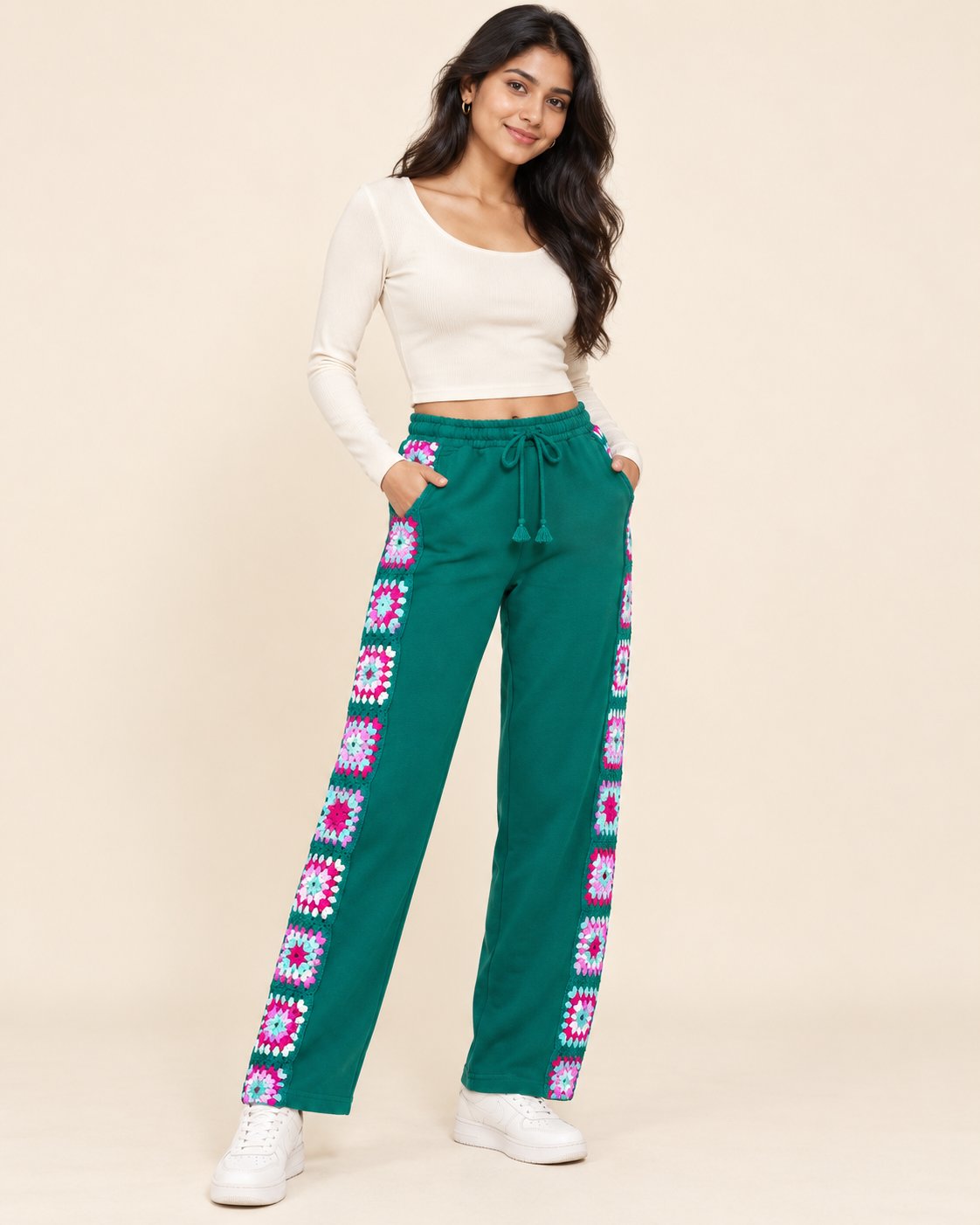 Teal wide-leg cotton sweatpants with hand-crocheted granny square panels down both side seams