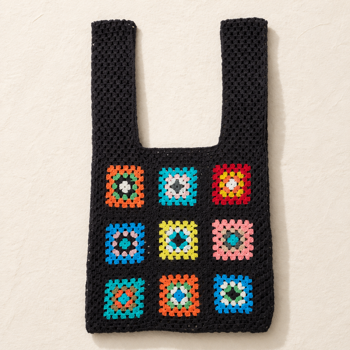 Handmade Granny Square Crochet Tote Bag - Black Multi - model shot