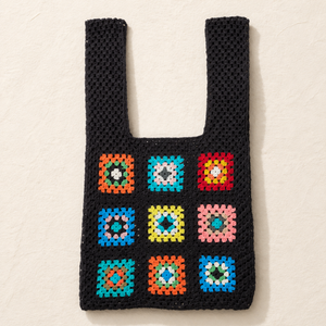Handmade Granny Square Crochet Tote Bag - Black Multi - model shot