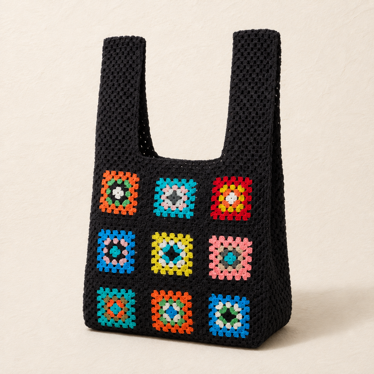 Handmade Granny Square Crochet Tote Bag - Black Multi - view 2