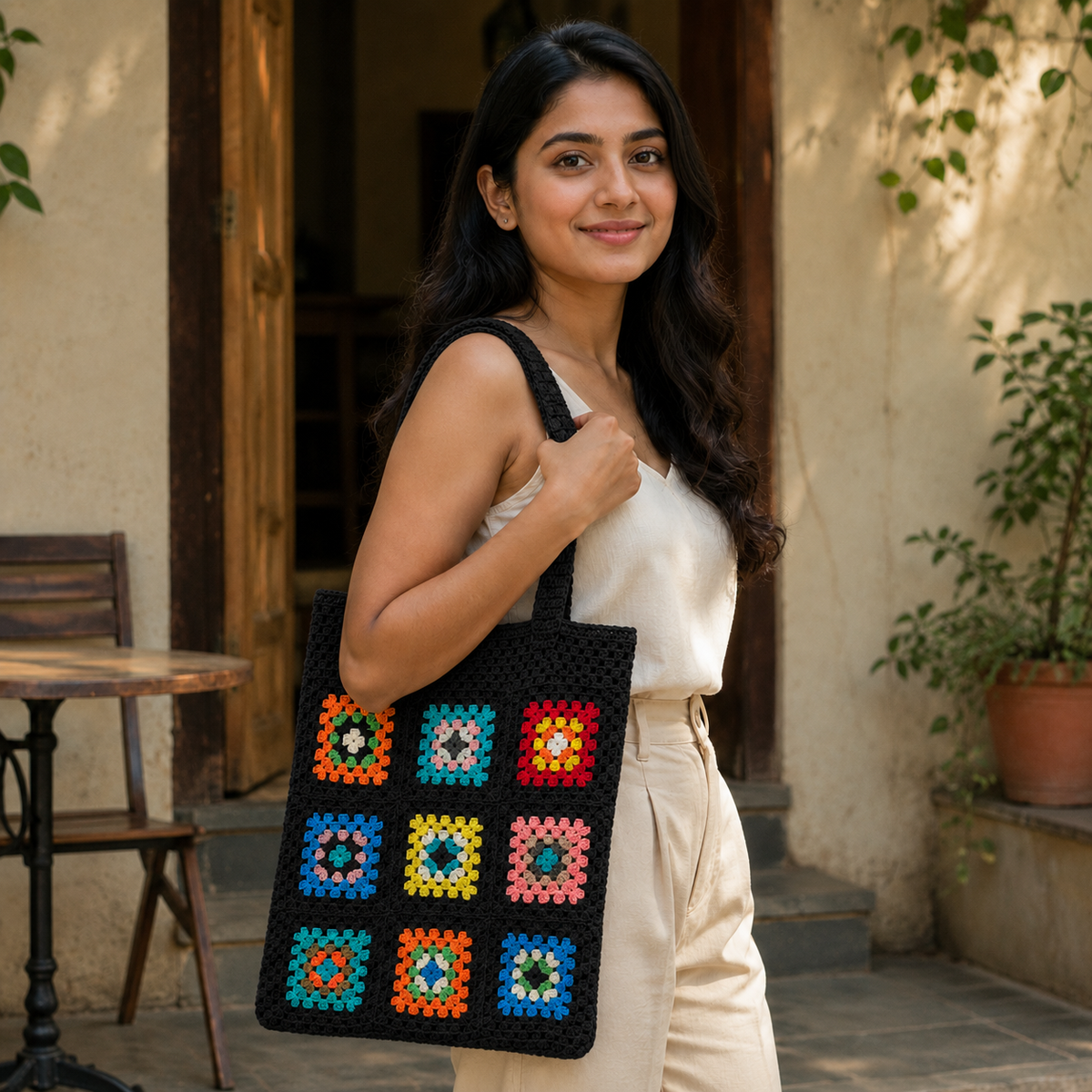 Handmade Granny Square Crochet Tote Bag - Black Multi - view 3