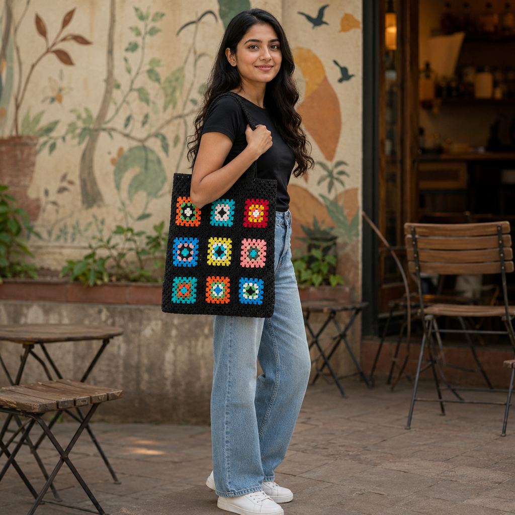 Handmade Granny Square Crochet Tote Bag - Black Multi - view 4