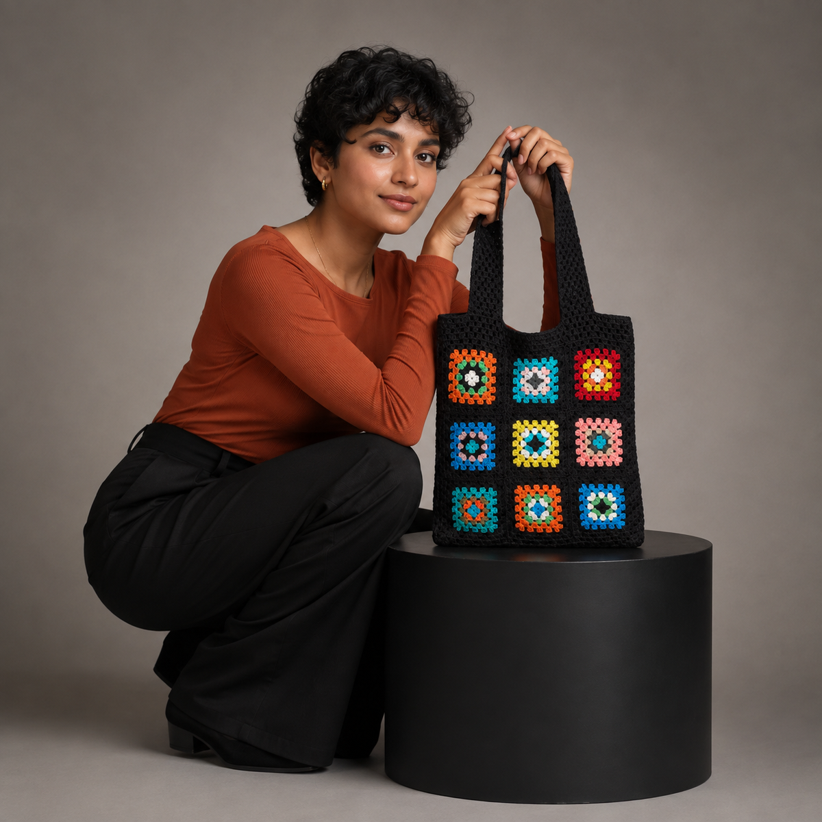 Handmade Granny Square Crochet Tote Bag - Black Multi - view 5