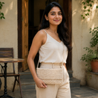 Minimalist Crochet Shoulder Crossbody Bag - Cream - view 3