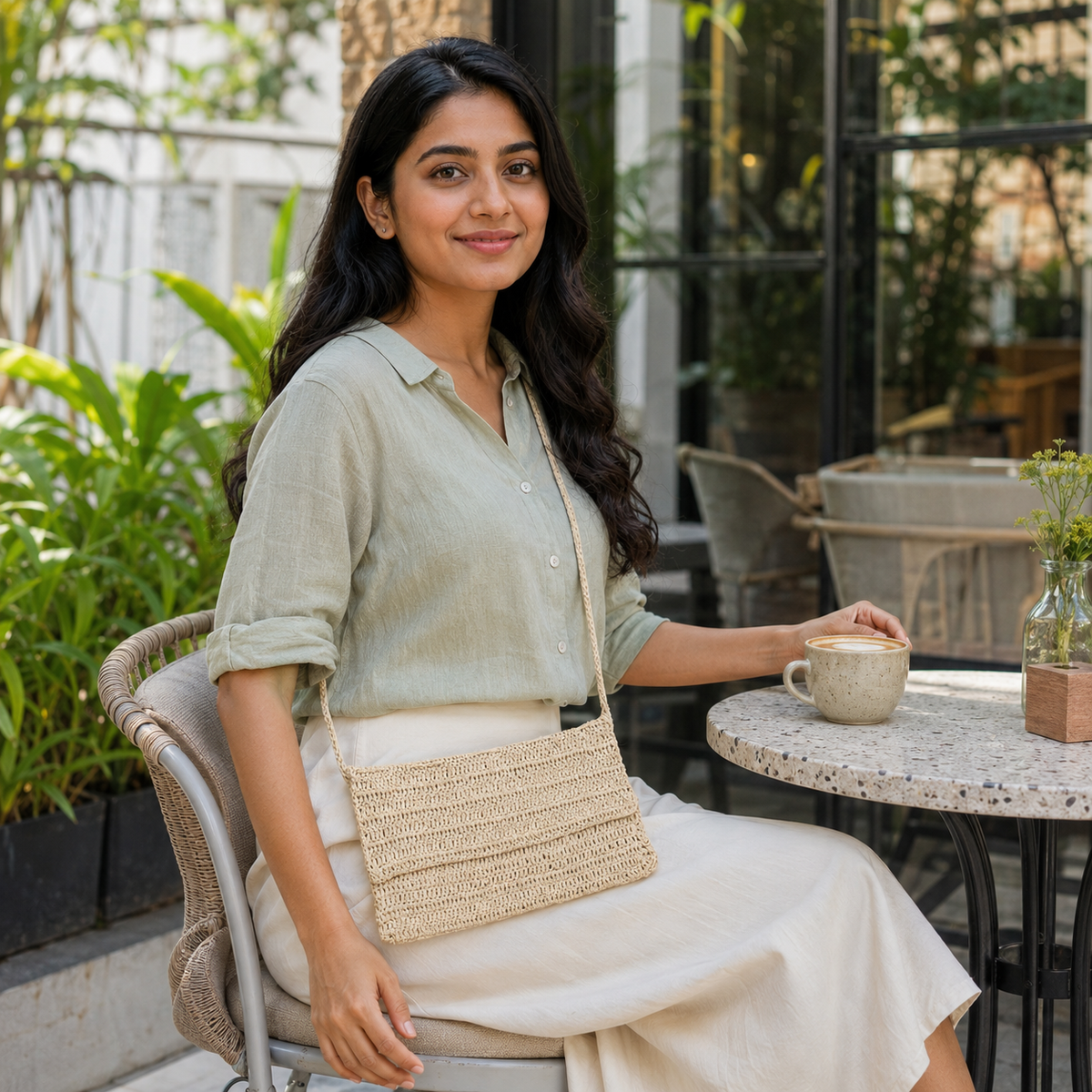 Minimalist Crochet Shoulder Crossbody Bag - Cream - view 4