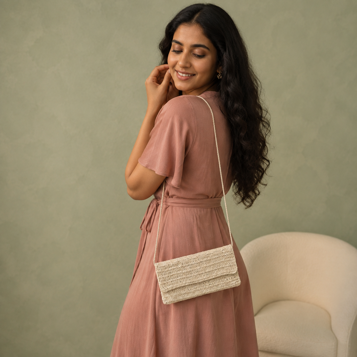 Minimalist Crochet Shoulder Crossbody Bag - Cream - view 5