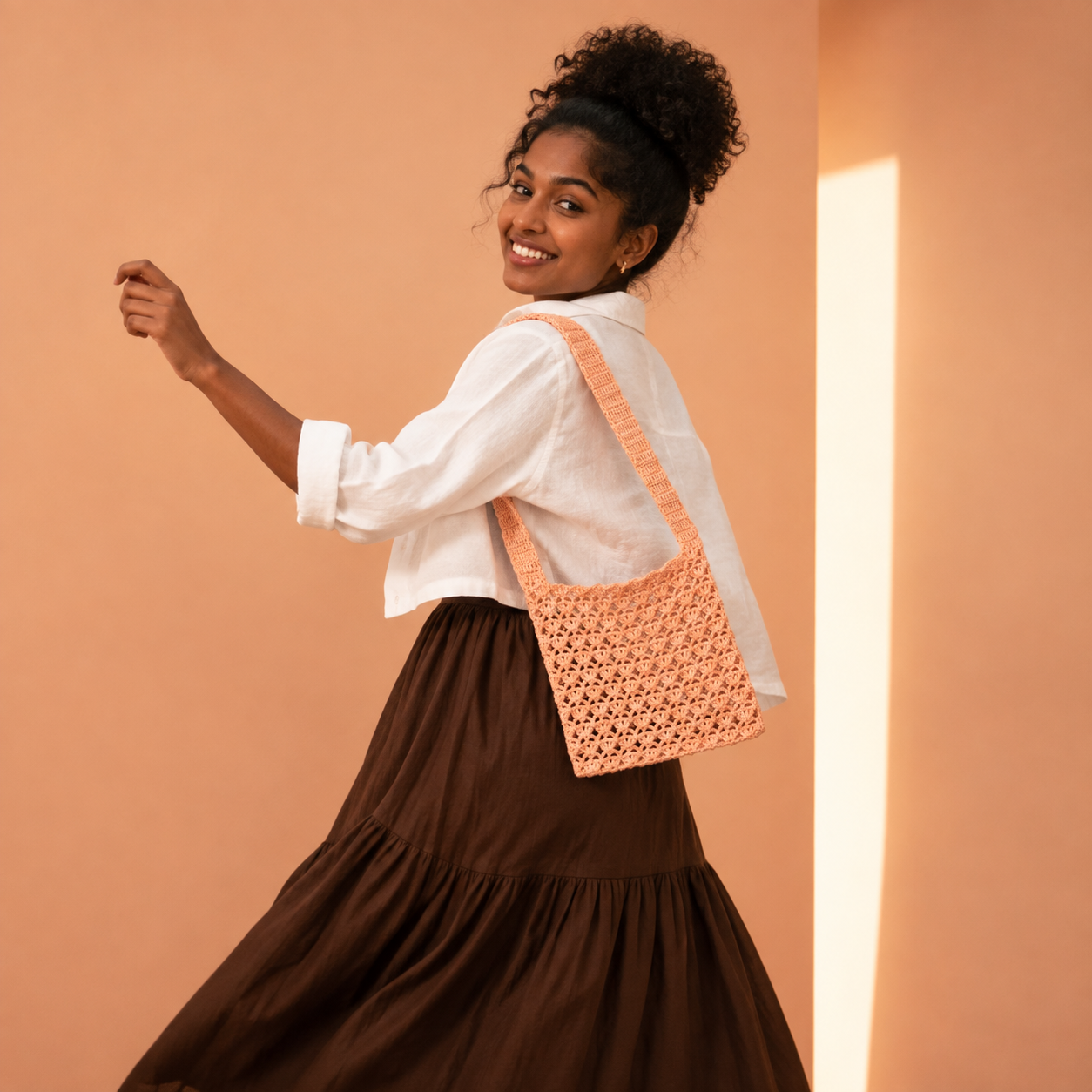 Openwork Lace Crochet Shoulder Bag - Peach Coral - view 4