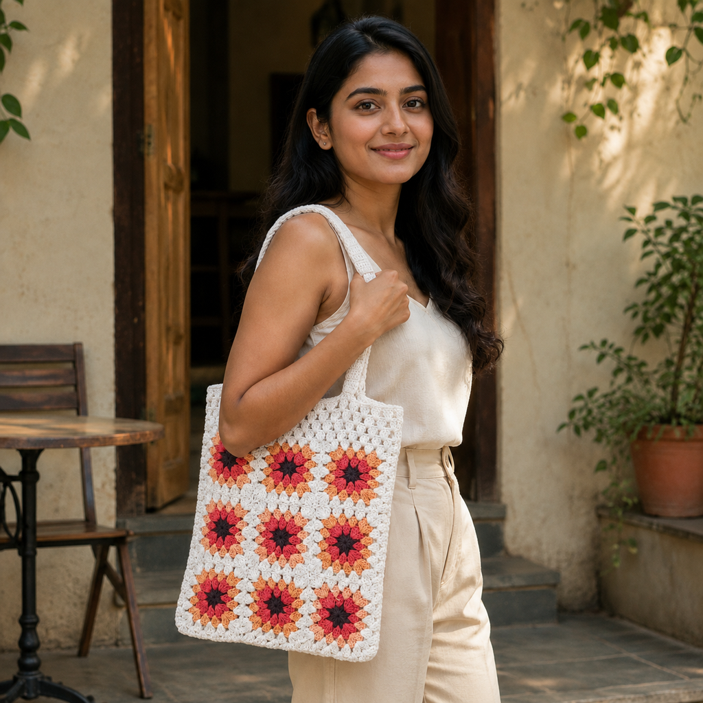 Retro Granny Square Crochet Tote Bag - Cream Orange - view 2