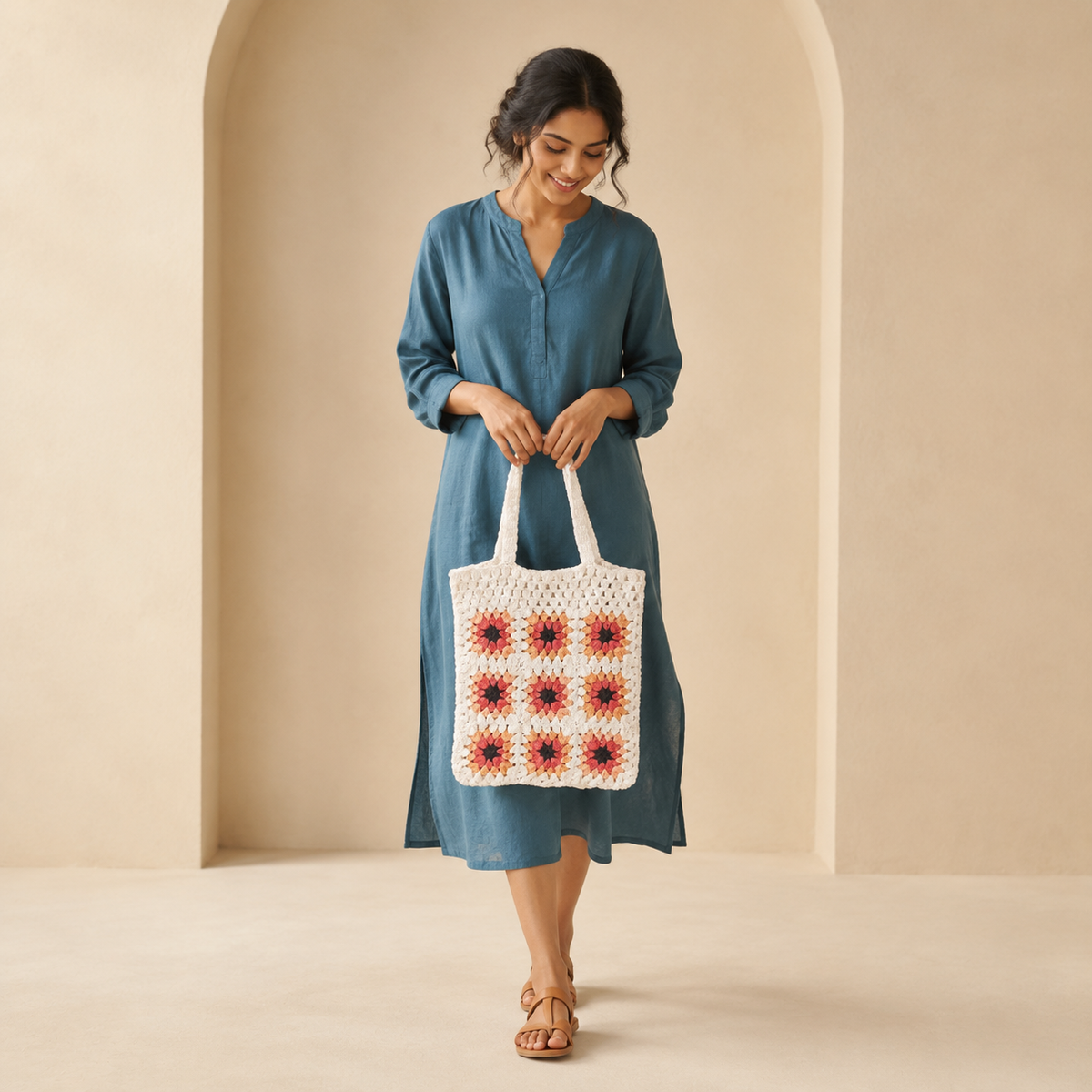 Retro Granny Square Crochet Tote Bag - Cream Orange - view 3