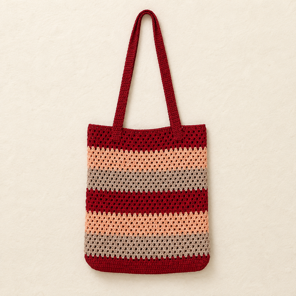 Striped Crochet Tote Bag - Maroon Peach - model shot